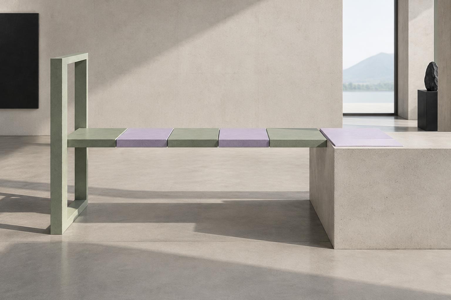 Eine Brücke aus sage- und lilacfarbenen Platten verbindet einen offenen Rahmen mit einem soliden architektonischen Fundament.